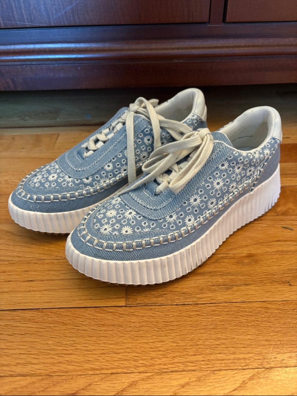 Dolce Vita Blue Floral Embroidered Platform Sneakers